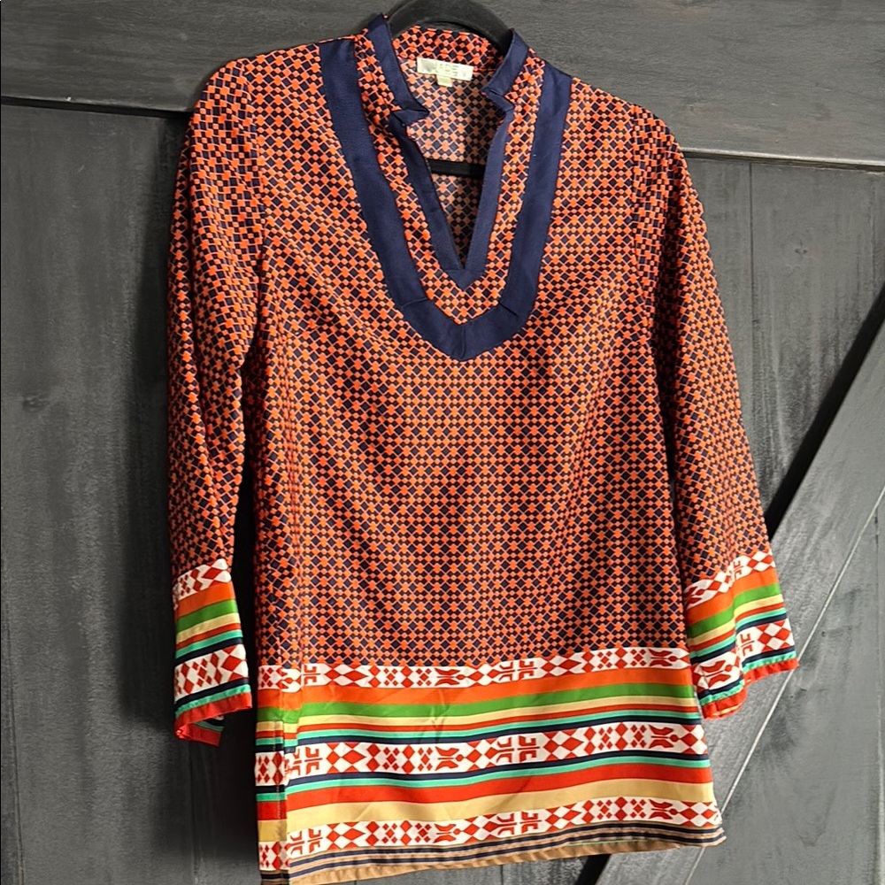 Jade Navy and Orange Bib Collar Tunic with Long Sleeves